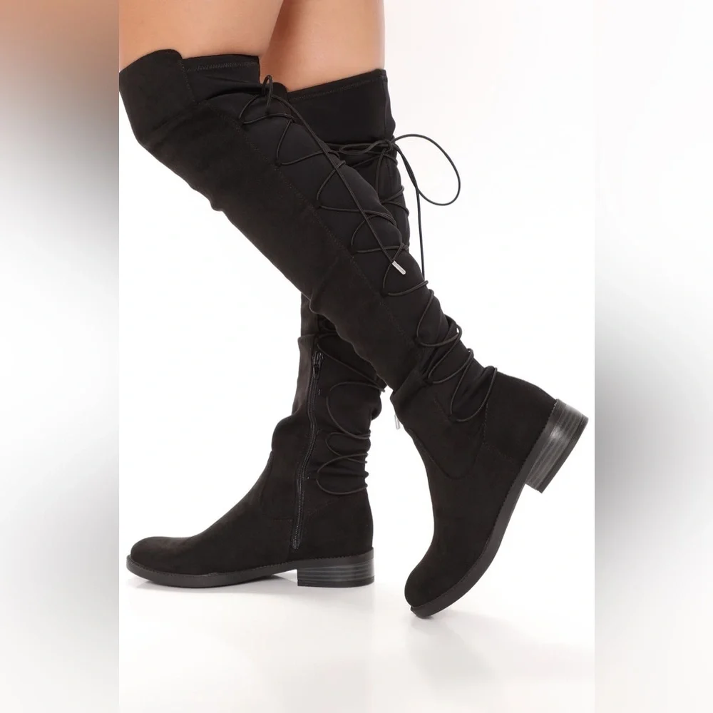 Fashion Nova Ramona Flat Black over the knee Boots Size 7.5